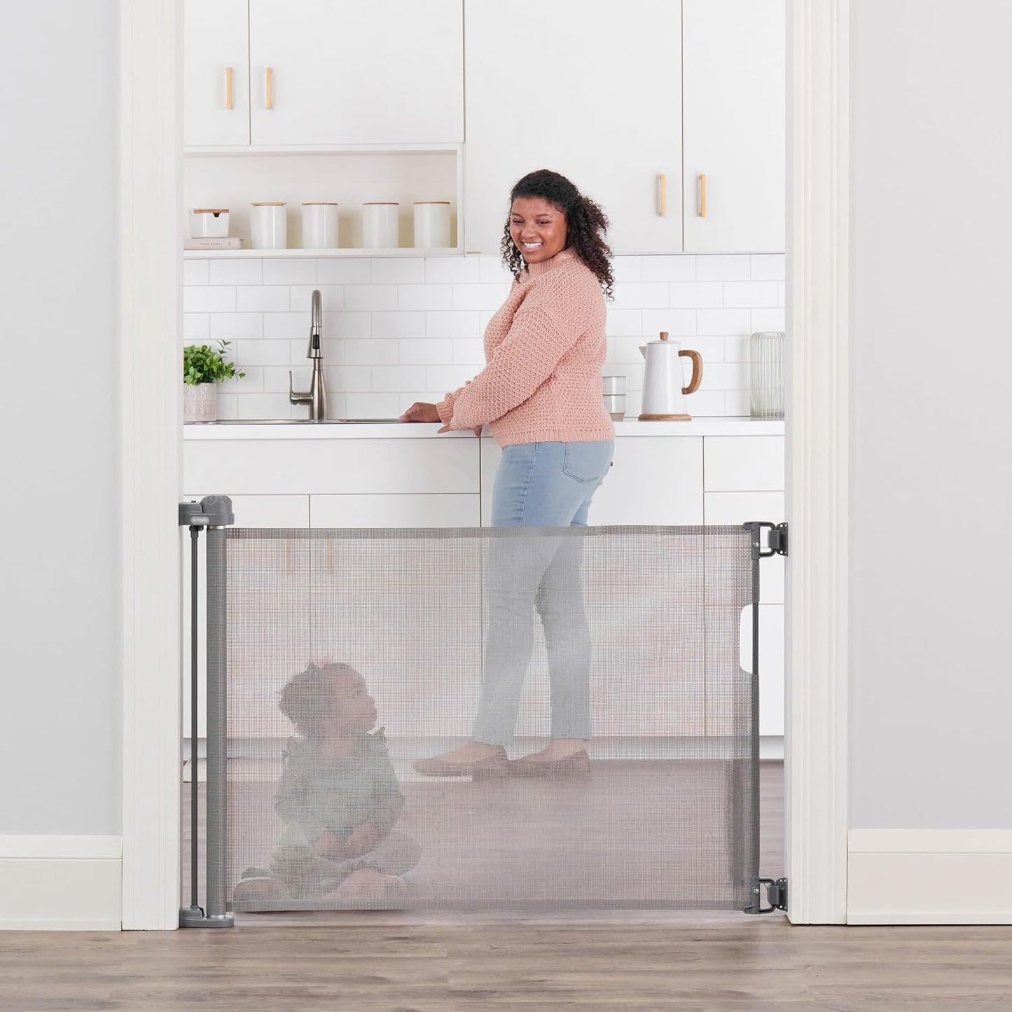 Regalo Safety 50" Extra Wide Retractable Baby Gate, Mesh Safety Gate for Doorways, Hallways & Bottom of Stairs, Hardware Mounted Gate for Babies, Toddlers & Pets, Lock Indicator Window, Gray