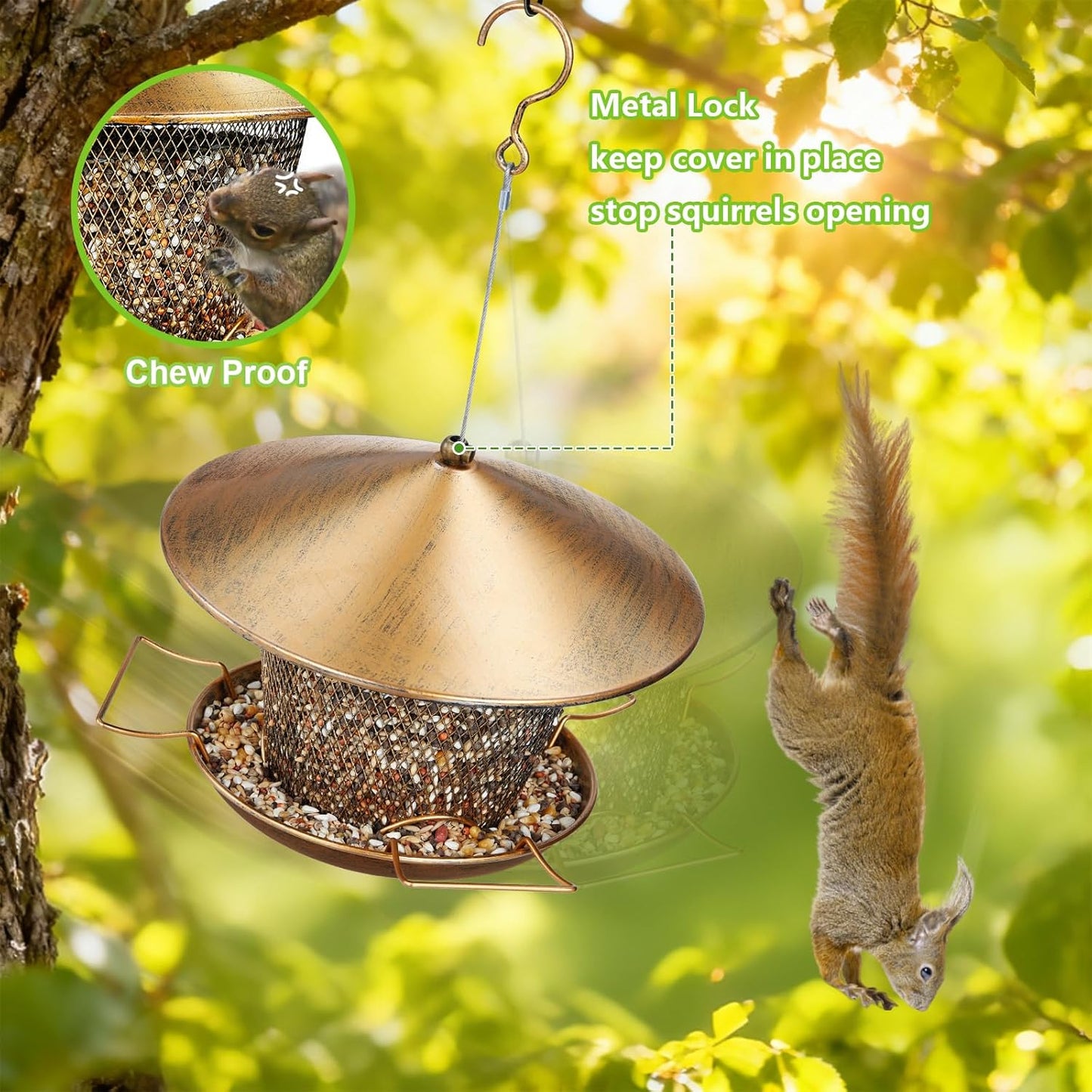 Bird Feeder for Outdoor Hanging, All Metal Weatherproof Wild Bird Feeder with 9.8" Roof, 3.5 LBs Seeds Capacity, Easy to Clean & Refill