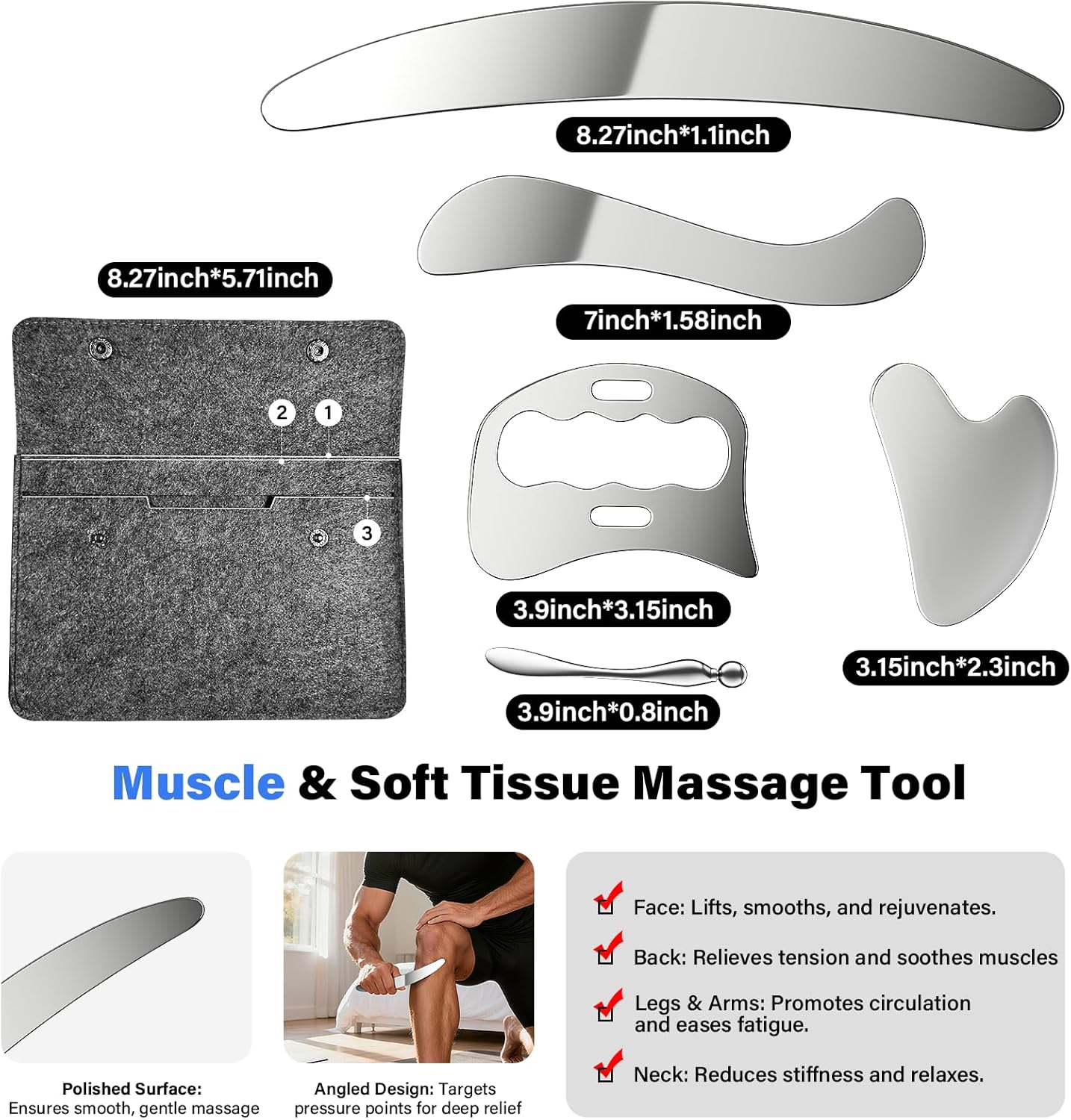 Stainless Steel Muscle Scraper Gua Sha Kit and Derma Edge Scraping Tools for Physical Therapy, Deep Tissue Guasha Massage Tool for Body and Face Relaxation (Grey-5pcs)