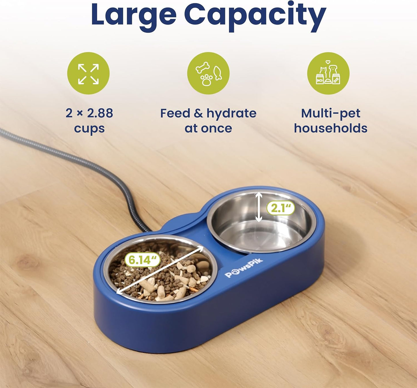 PawsPik Heated Water Bowl for Cats, 18/8 Stainless Steel Heated Pet Bowl, Outdoor Cat Bowl in Winter, Blue, 3 Cups