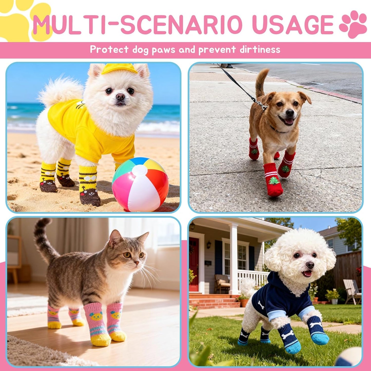 16 Pieces Dog Socks for Hardwood Floors Anti Slip, Dog Grip Socks to Prevent Licking Paws & Scratching, Puppy Booties, Paw Protection Traction for Tiny Small Medium Large Pet Doggie Cat, S