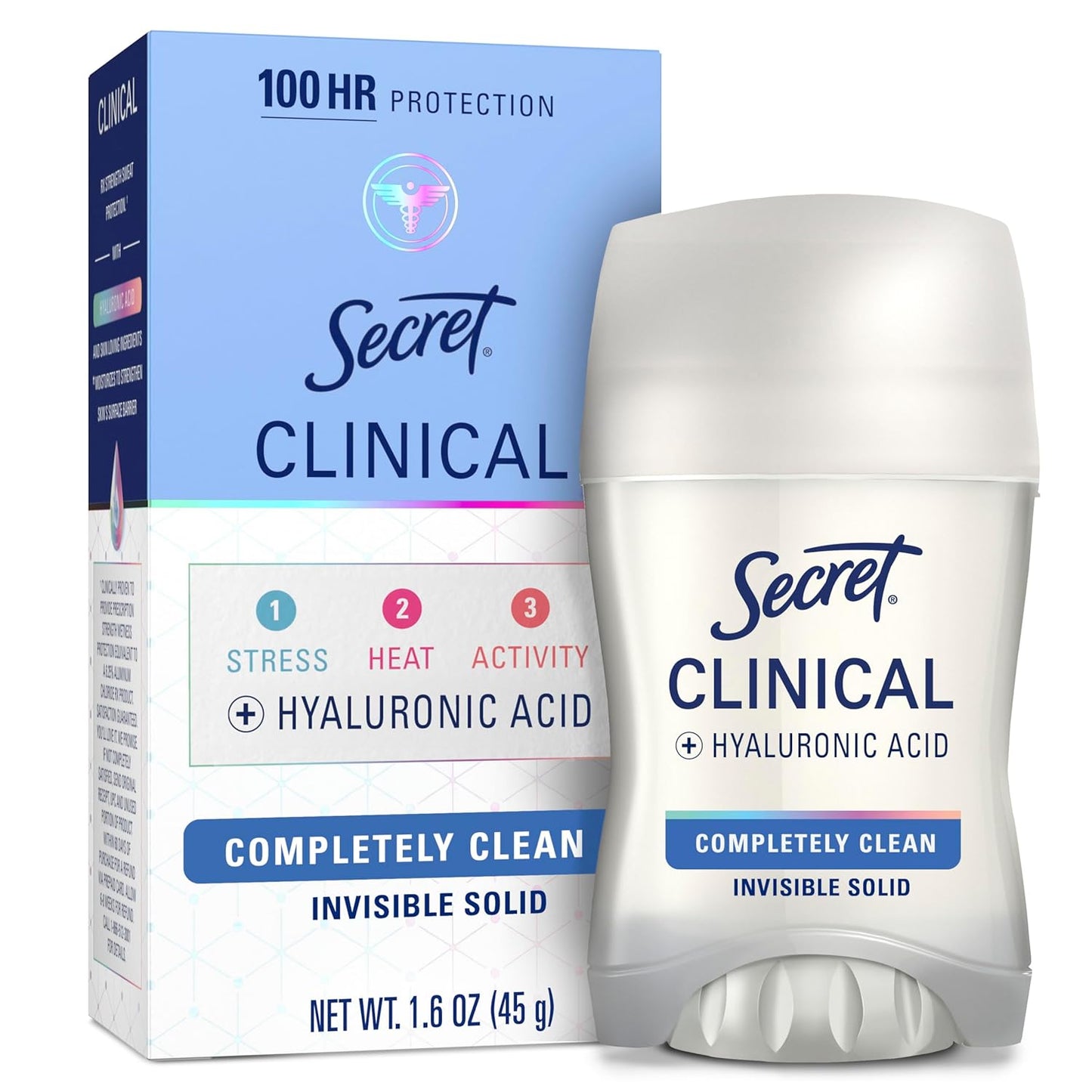 Secret Clinical Strength Antiperspirant Deodorant for Women, 100hr Sweat & Odor Protection, 3X Stress Protection with Hyaluronic Acid, PH Balancing, Invisible Solid, Completely Clean Scent, 1.6 oz