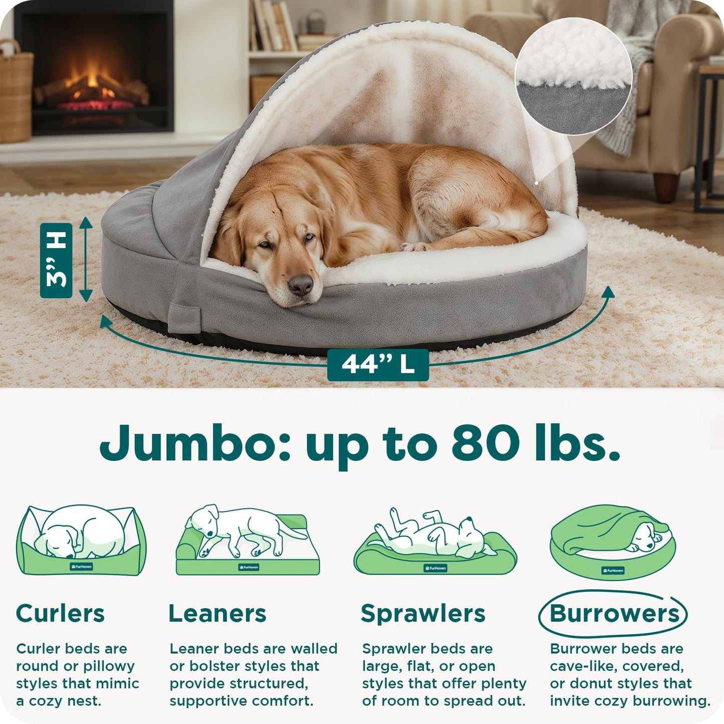 Furhaven 44" Round Orthopedic Dog Bed for Large Dogs w/ Removable Washable Cover, For Dogs Up to 80 lbs - Sherpa & Suede Snuggery - Gray, 44-inch