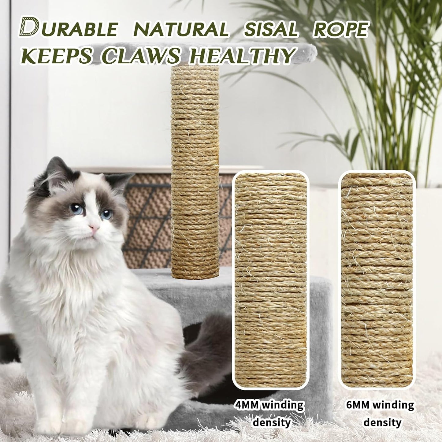 4mm Natural Sisal Rope - 164-Ft, Cat Scratcher Repair & DIY Cat Tree, Wide Application, Length Choices