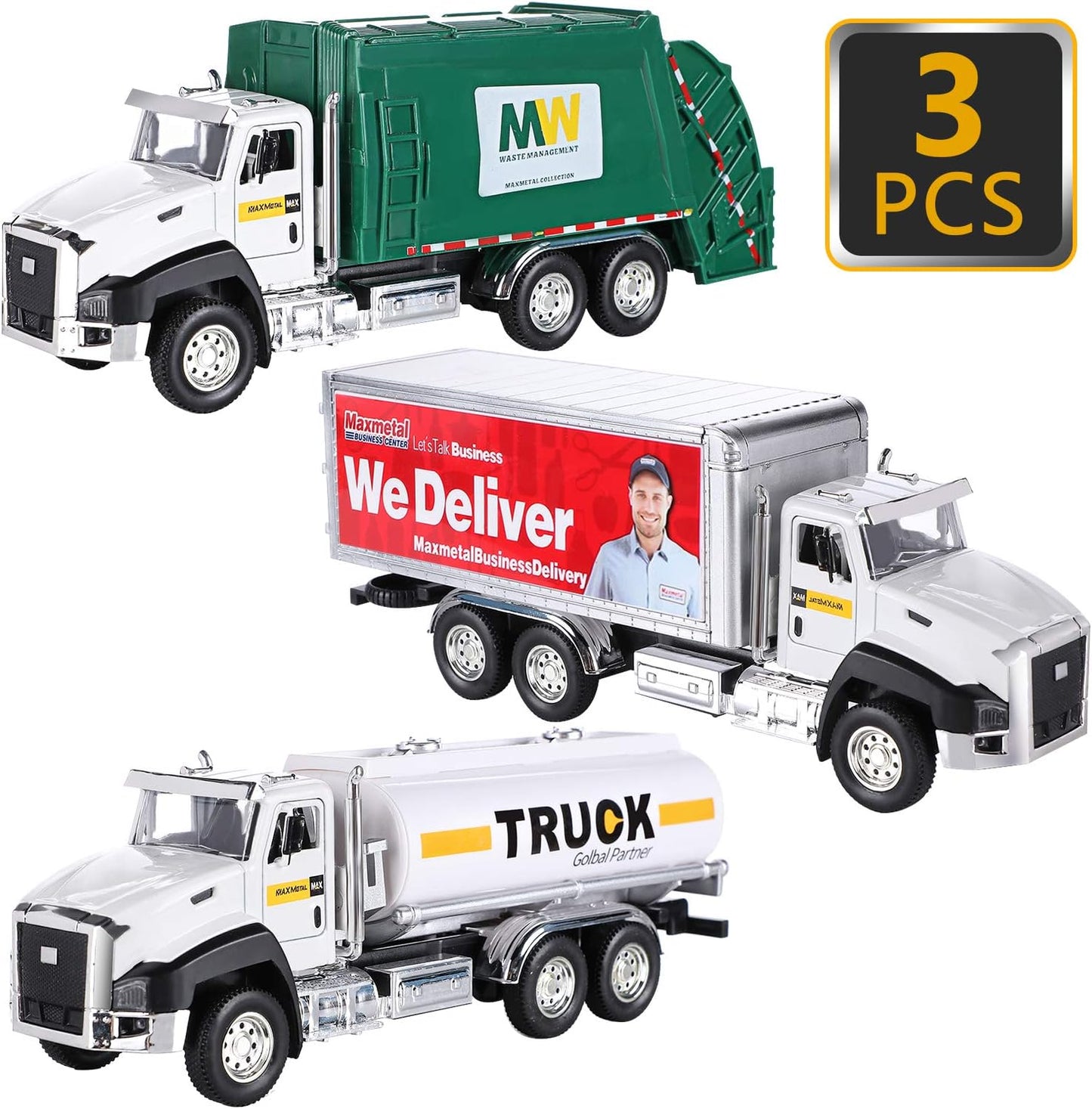 G.C 3 Pack Diecast Transport Vehicles Set - Garbage Truck, Tanker, Delivery Truck 1:50 Scale Pull Back Metal Model Car Toys for Boys
