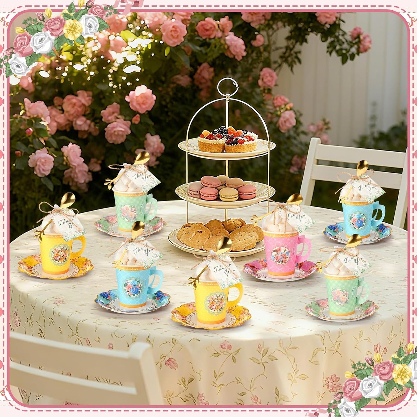 125 Pcs Tea Party Favors Set Floral Paper Teacups with Saucers, Vintage Style Tea Spoons, Disposable Spring Party Supplies for Hot or Cold Drinks, Ideal for Birthday Baby Shower Bridal