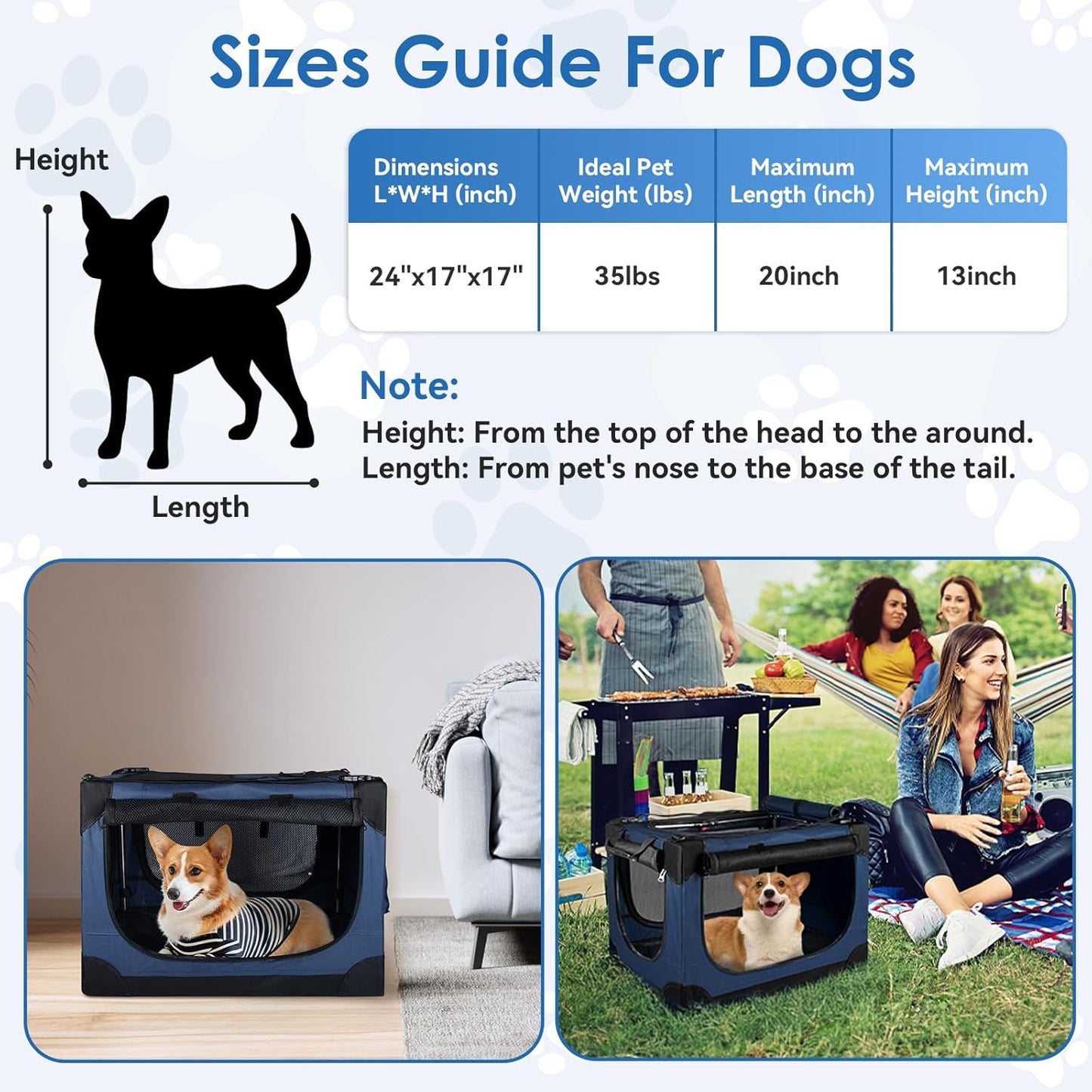 Soft Small Dog Crate - 24 inch Portable Travel Puppy Crate for Small Pets or 2 Cats, Collapsible Pet Carrier with 4 Mesh Doors, Car Kennel for Dogs with Handle for Indoor and Outdoor, Bule