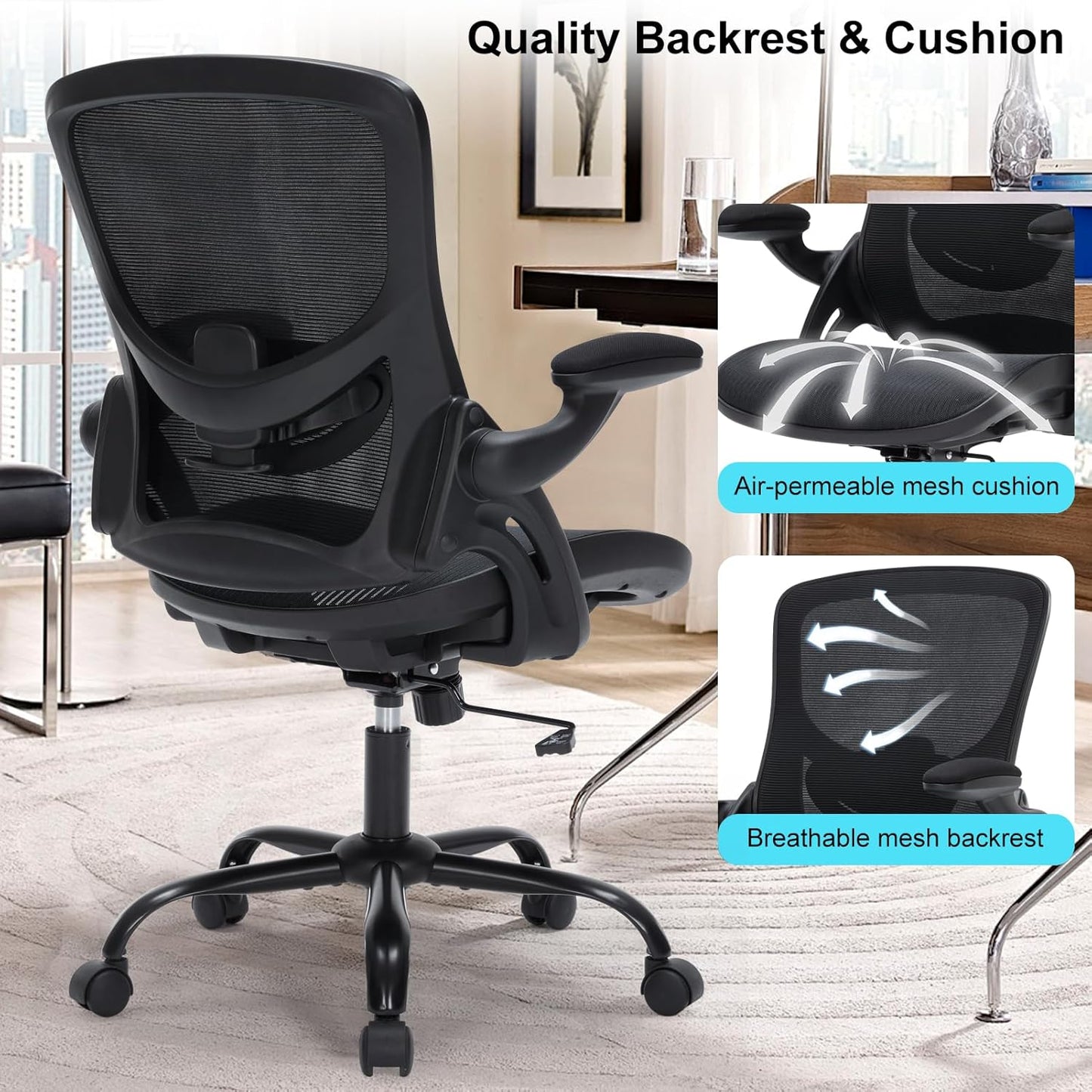 Office Chair, Ergonomic Desk Chair with Adjustable Lumbar Support, Comfy Breathable Mesh Chair with Wheels and Flip-Up Armrests, Executive Chairs for Home Office Comfortable Chair with Rolling Swivel
