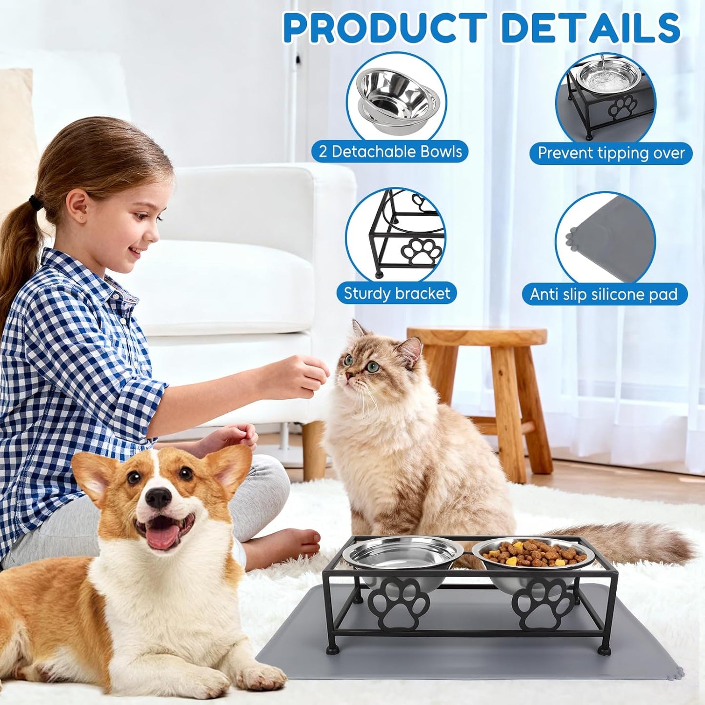 Elevated Cat Dog Bowls 2 Pack Raised Cat Dogs Bowls Stand with Non-Slip Slicone Mat Stainless Steel Elevated Pet Feeding Station (Black)