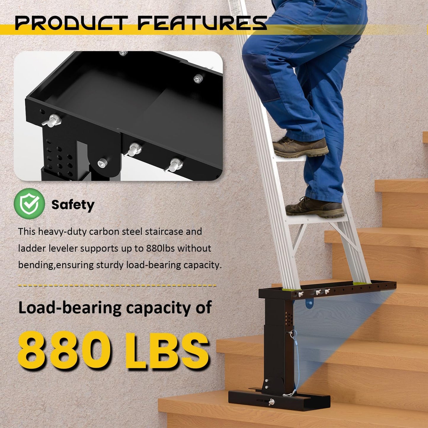 Ladder Leveler Pro, for Extension Ladders and Single, Ladder Leveler for Stairs, Adjustable Length 20 "-29.6" and Height Range 10.5 "-17.7" Heavy Duty Ladders Lifter Stabilizer Platform