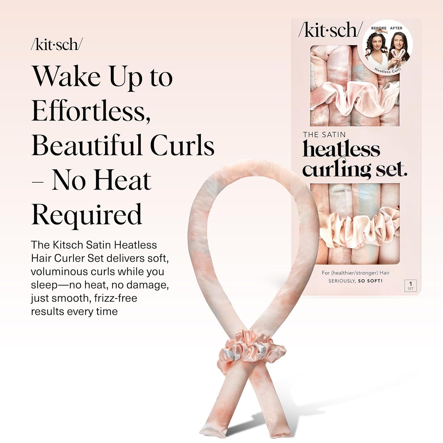 Kitsch Satin Heatless Curlers Set – Heatless Curls Overnight with 34" Hair Curler & 2 Satin Scrunchies – Comfortable Hair Curlers to Sleep In for Frizz-Free, No Heat Damage Styling - Sunset Tie Dye