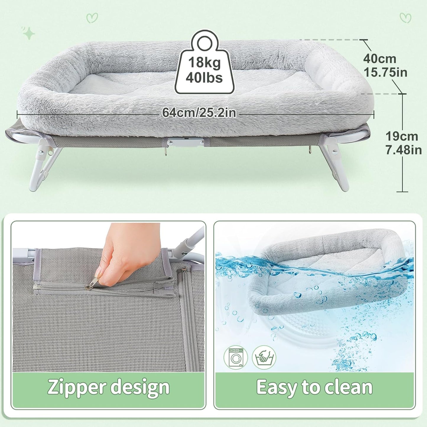 Sunhoo Elevated Cat Bed Foldable Raised Pet Hammock Self-Supporting Puppy Lounger with Off Floor Metal Frame Washable Cover for Small Dog Kitten Indoor Use 25.2x15.75x7.48 in（Grey）