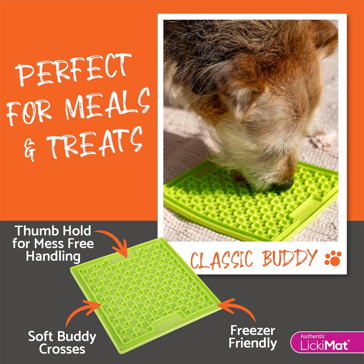 LickiMat Classic Buddy Slow Feeder for Dogs Lick Mat Boredom Anxiety Reducer Perfect for Food Treats Yogurt Liquid Food Peanut Butter Fun Alternative to a Slow Feed Dog Bowl, Orange