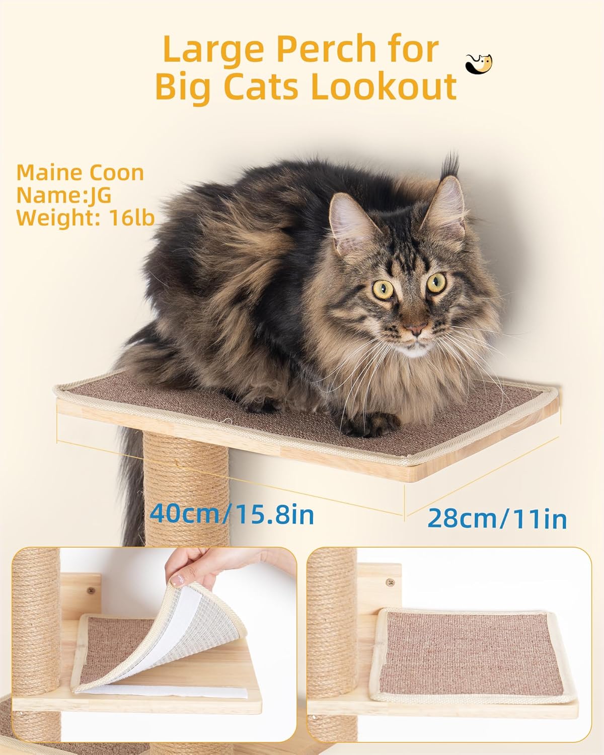 80inch Wall Mounted Cat Tree, 15.8in Top Perch Bed for Large Adult Cats, Adjustable Cat Shelves Floor to Ceiling for Scratch, Climb, and Lookout