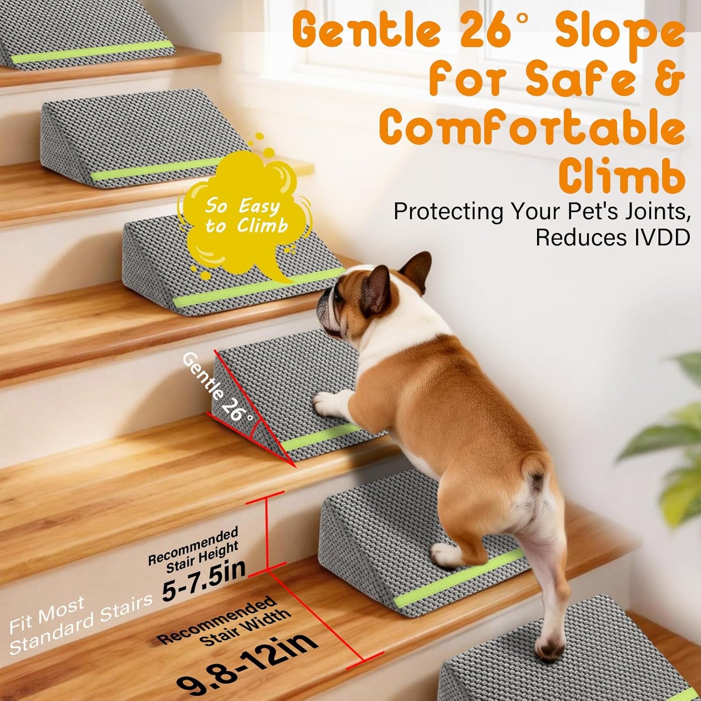 JoyBlooms Dog Ramp for Stairs for Small & Senior Dogs Cats, 40D Density Foam Gentle Slope Non-Slip Dog Stair Ramp with Glow Strip, Pet Ramp with Removable Washable Cover Gray-6pcs