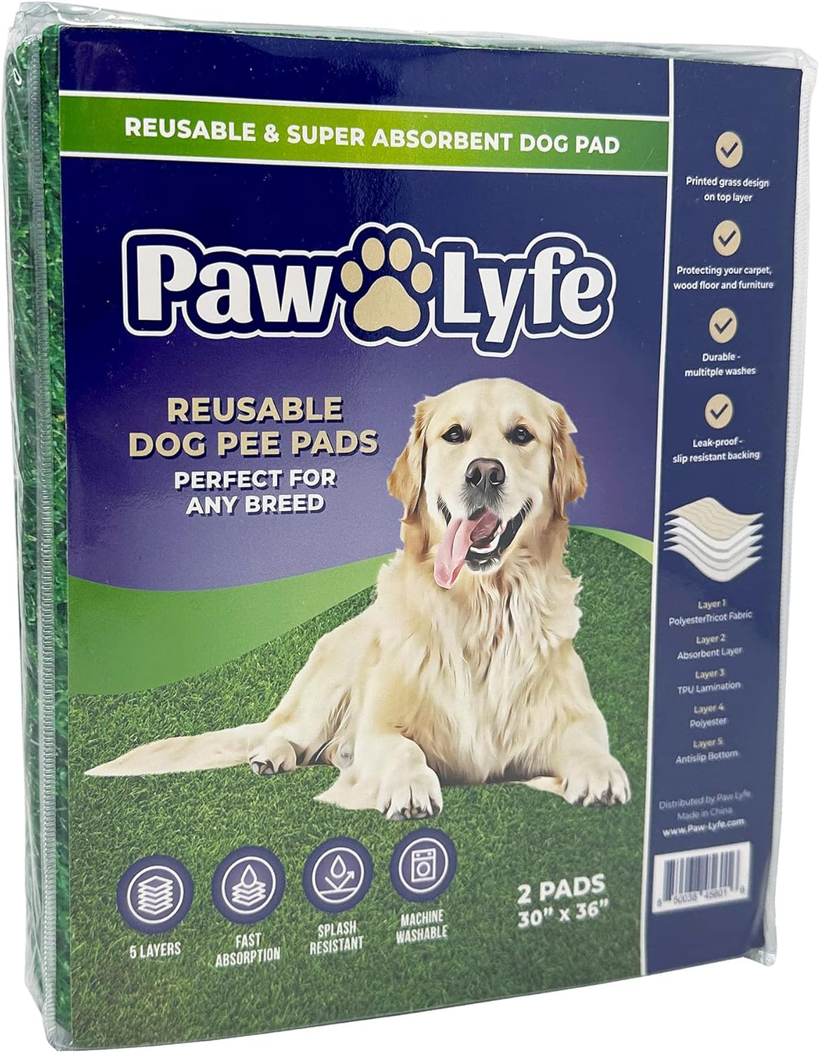 PawLyfe Reusable Pee Pads for Dogs - 2 Pack, 30" x 36" Washable Puppy Pads with Grass Print - Waterproof Dog Training Pee Mats - Non-Slip - Large Pet Pads for Indoors - Quilted Whelping Pads for Home