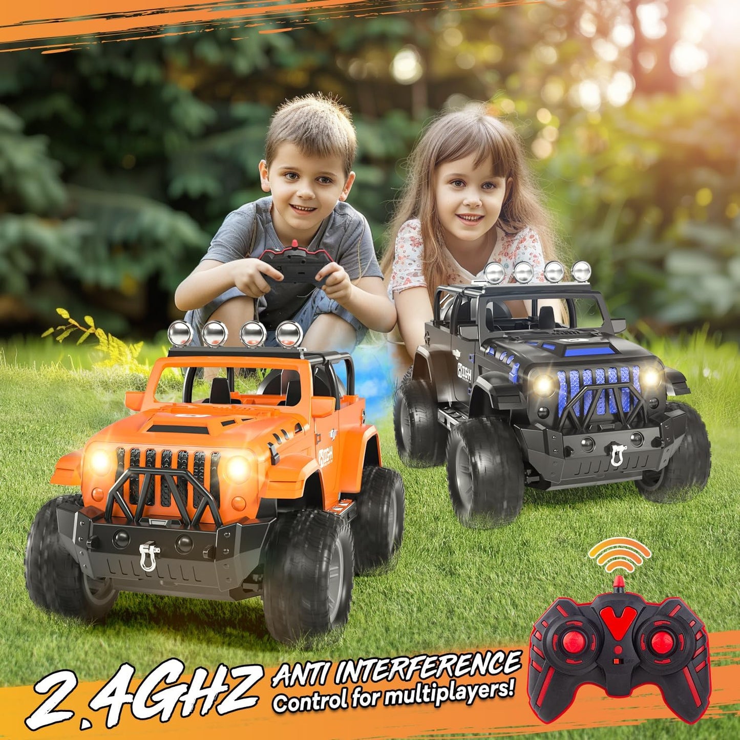 1:16 Remote Control Car with Spray, Lights and Sound, 2.4GHz Remote Control Jeep for Kids, All Terrain Off-Road Jeep RC Car Toys Gift for Boys and Girls