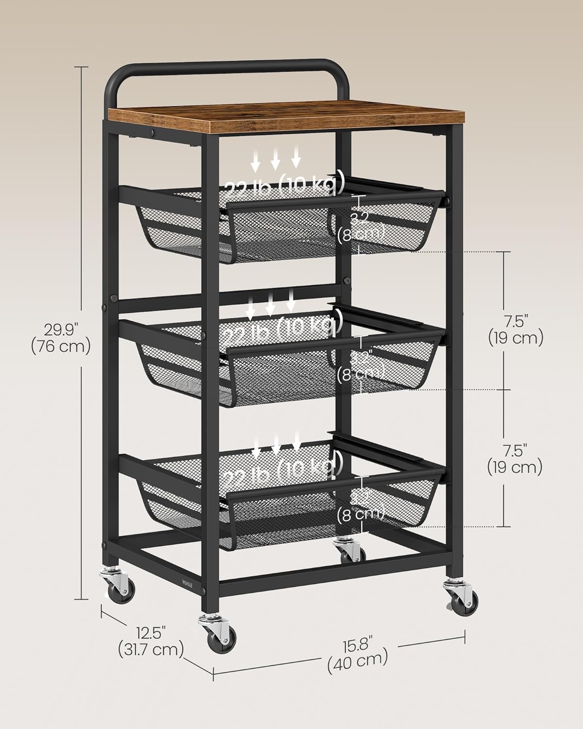 VASAGLE Storage Rolling Cart with Pull-Out Baskets, 4-Tier Utility Cart Orgnizer with Wheels for Laundry Room, Kitchen, Handle, 12.5 x 15.8 x 29.9 Inches, Rustic Brown and Ink Black ULRC040K01