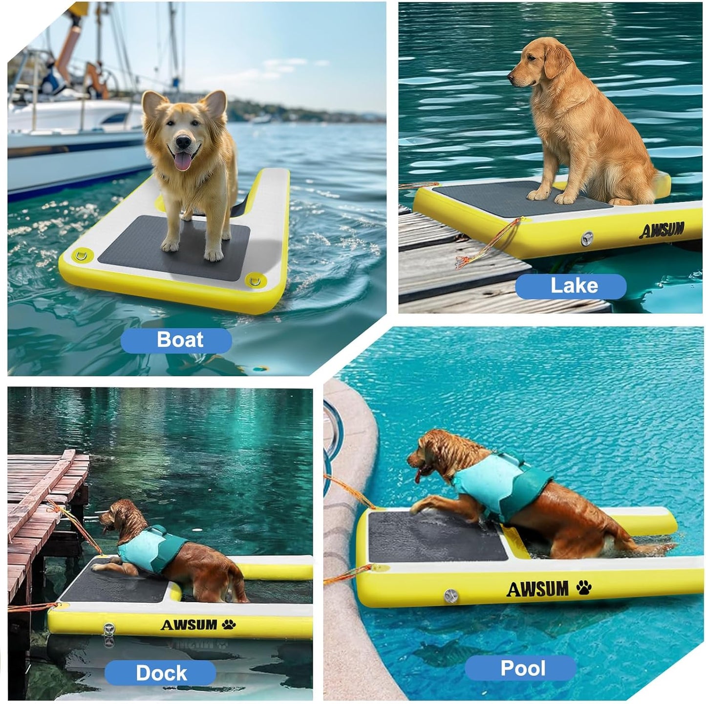 AWSUM Inflatable Dog Water Ramp 4ft x 3.3ft Dog Boat Ramp Floating for Dogs Up to 220LBS On Water Float Ladder Steps for Pool, Dock, Lakes, Yellow