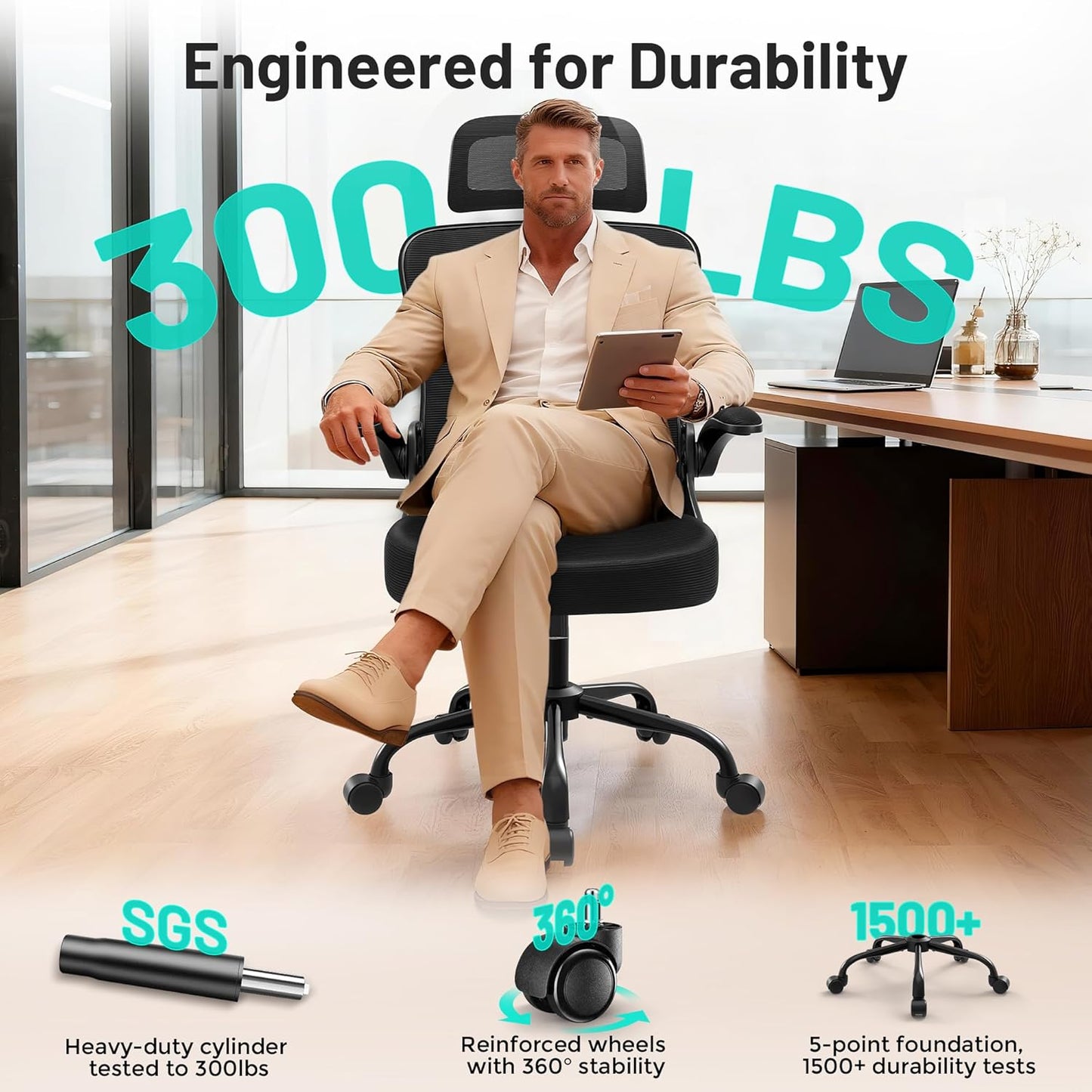 AreShark Office Chair - Ergonomic Desk Chair Breathable Mesh Chair with 2D Headrest & Adjustable Lumbar Support - Executive High Back Rolling Swivel Computer Gaming Chair with Wheels Flip-up Armrests