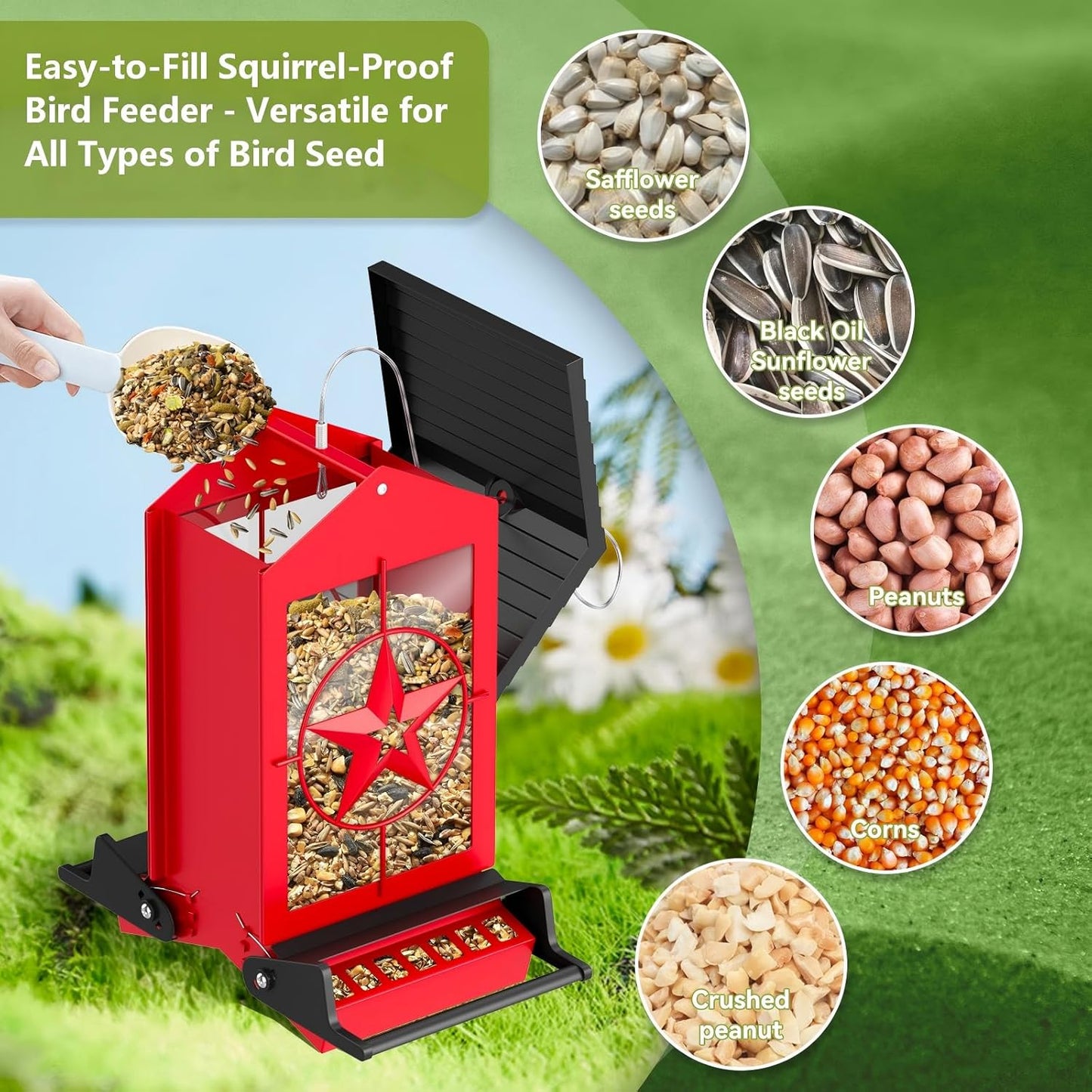 Squirrel Proof Bird Feeders for Outdoors With Weight-Activated, Metal 5LB Large Wild Bird Feeders for Cardinals,Blue jay,Finch, Weatherproof Durable Hanging Bird Feeder for Backyard,Garden,Patio - Red