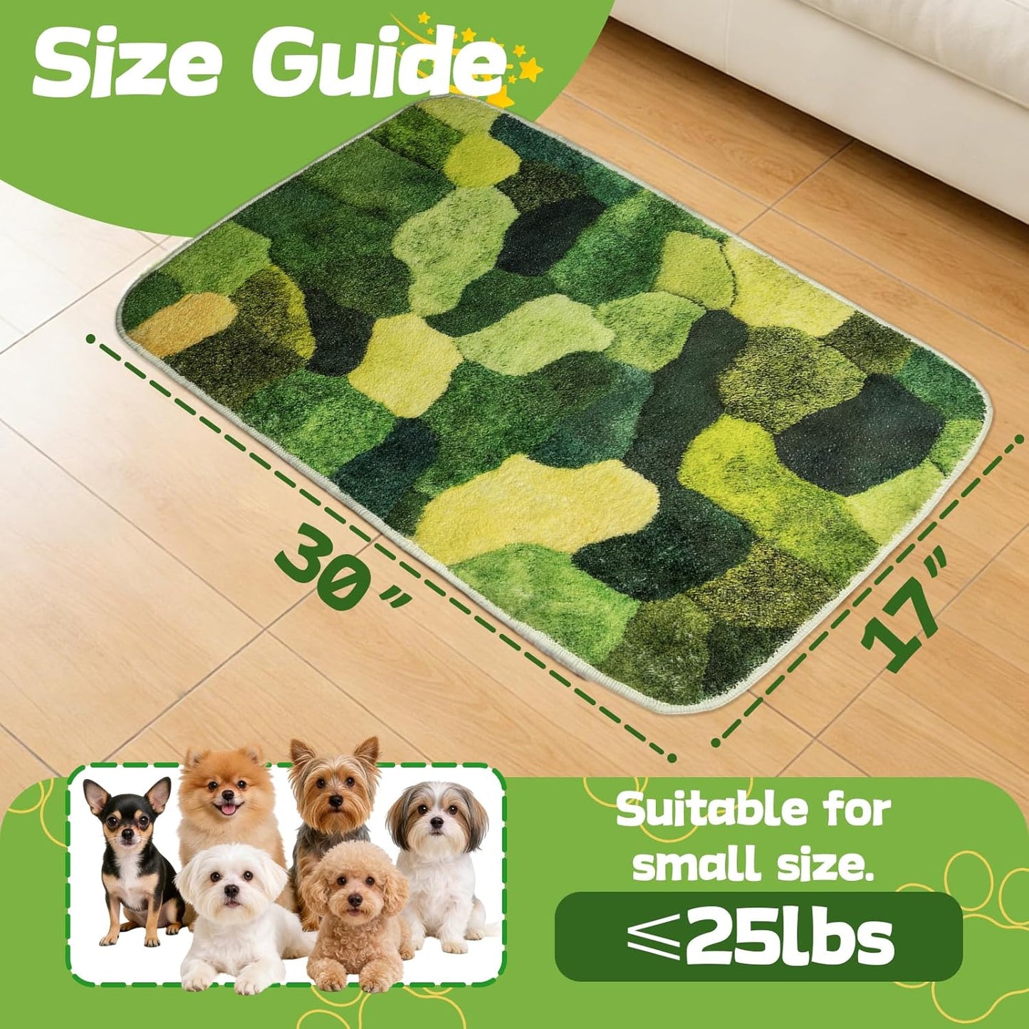 Washable Pee Pads for Dogs, 30" x 17" Faux Moss Reusable Puppy Pads for Dog Potty Training, Durable Absorbent Leakproof Dog Grass Pad for Crate Couch Car Seat Pet Bed Home Indoor Use