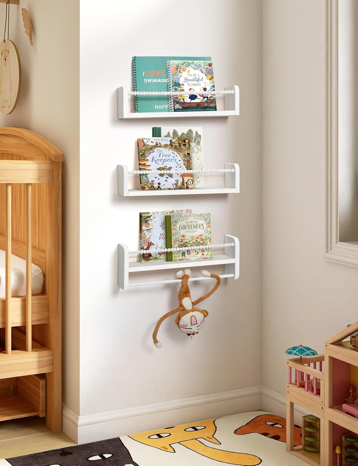 Nursery Bookshelves Set of 3, Natural Wood Nursery Floating Shelves Wall Mount Storage Shelf with Towel Bar Hainging Bookshelf for Kids Room Bedroom Living Room Decor, White
