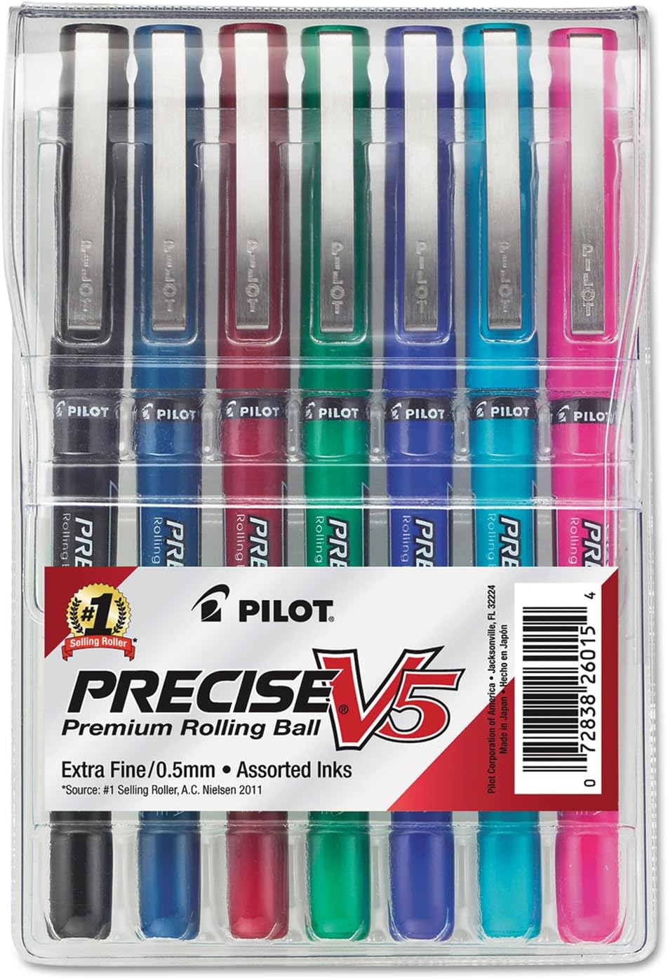 PILOT Precise V5 Stick Liquid Ink Rolling Ball Stick Pens, Extra Fine Point (0.5mm) Assorted Ink Colors, 7-Pack Pouch (26015)