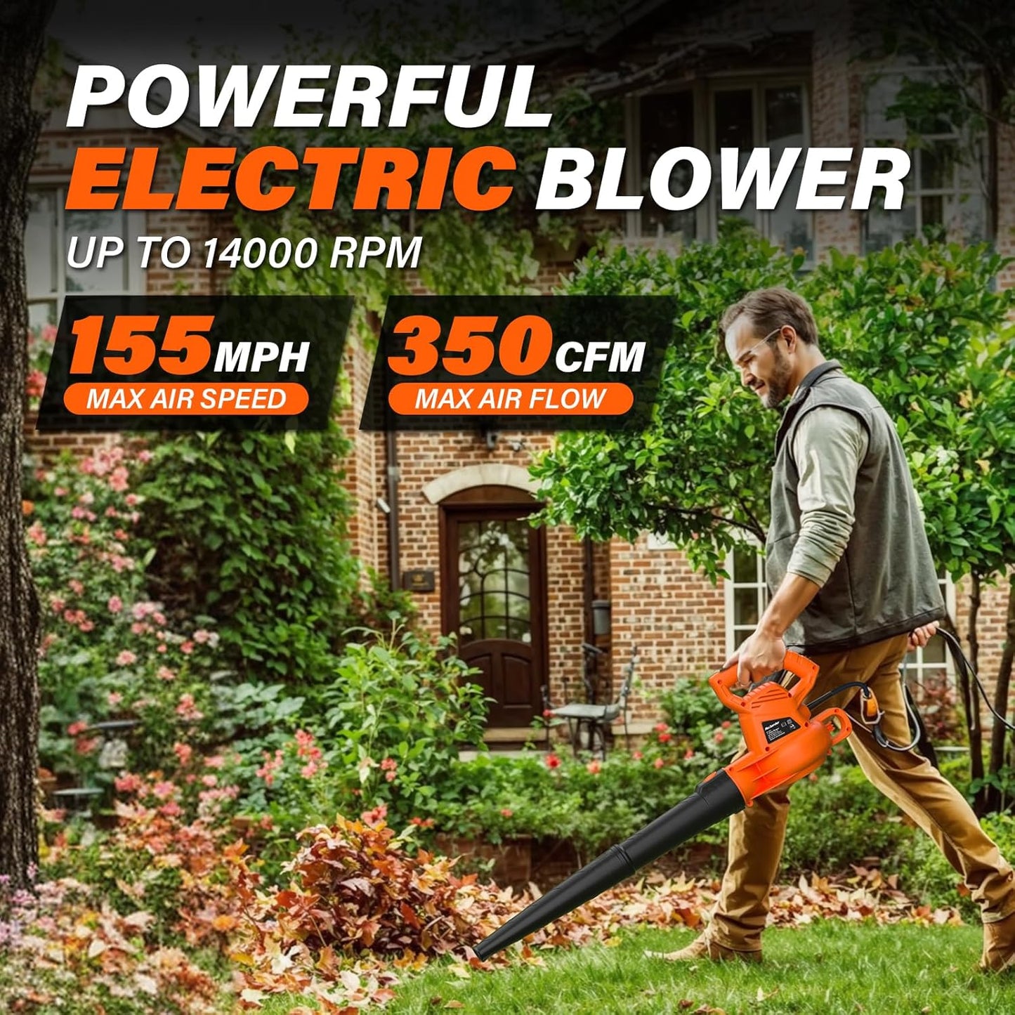 MAXLANDER Leaf Blower Corded, 7-AMP 350CFM/155MPH Electric Leaf Blower, Lightweight Handheld Small Leaf Blowers for Lawn Care
