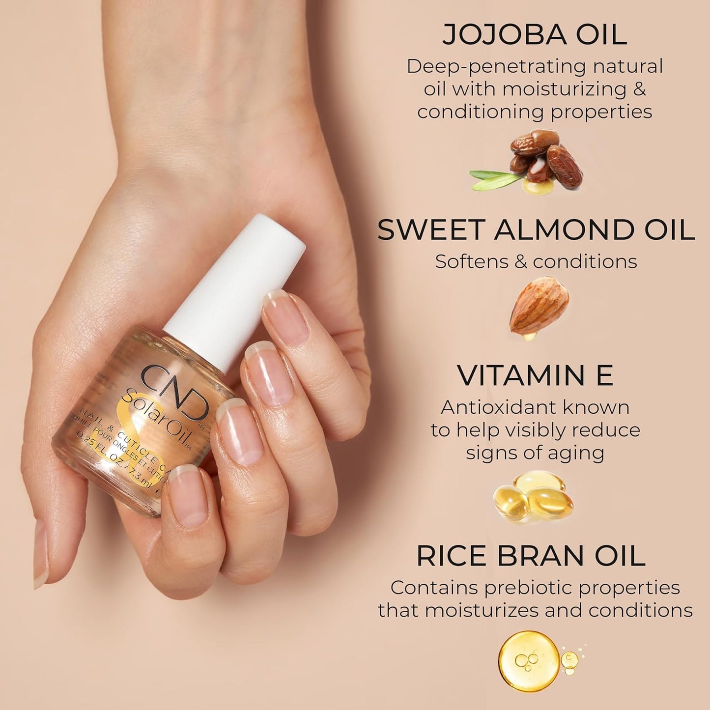 CND SolarOil Cuticle Oil, Natural Blend Of Jojoba, Vitamin E, Rice Bran and Sweet Almond Oils, Moisturizes and Conditions Skin, 0.25 fl oz