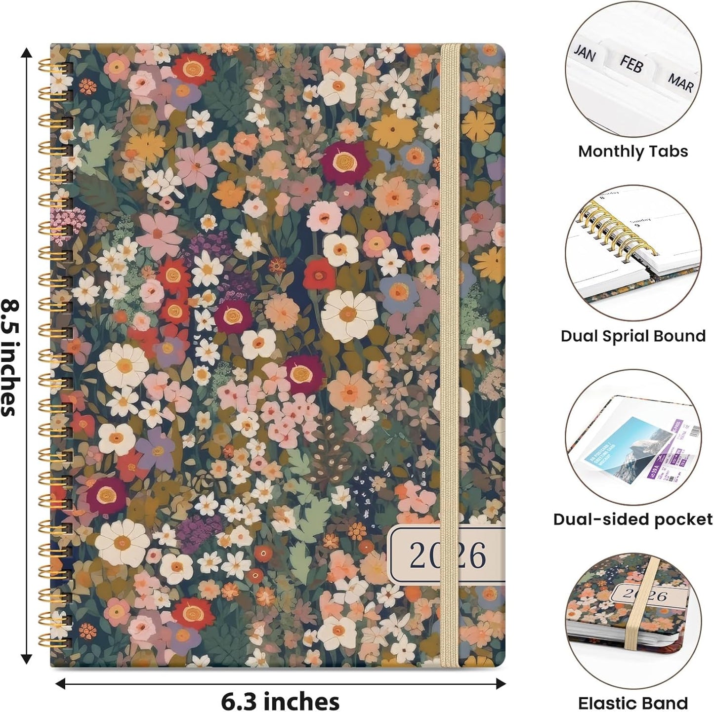 2026 Planner, Weekly and Monthly Planner for Women, January 2026 - December 2026, Hardcover 2026 Calendar Planner Book with Tabs, Inner Pocket, Spiral Bound, Perfect for Office Home School Supplies -A5 (6.3" x 8.5), Petals