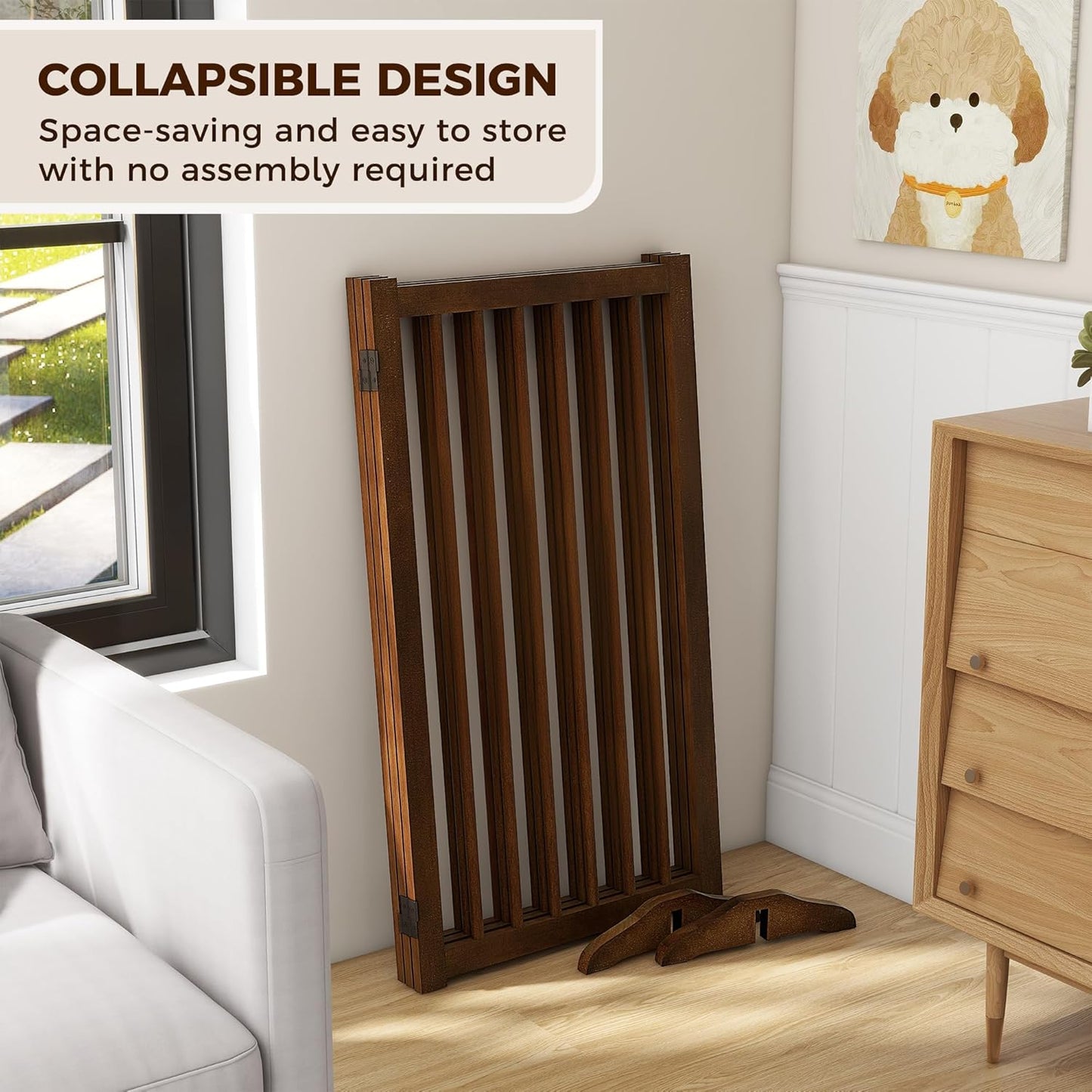 36" H Freestanding Dog Gate, Solid Wood Foldable Pet Gate with Support Feet, Wooden Tall Dog Gate for Doorway, Stairs & Indoor Use, 60" Wide Expandable Pet Fence, 3 Panels, Walnut