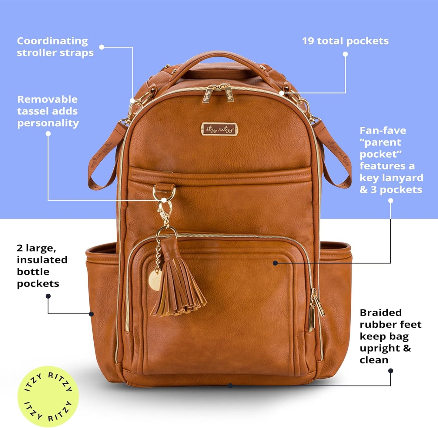 Itzy Ritzy Diaper Bag Backpack – Large Capacity Boss Plus Baby Backpack Diaper Bag Featuring 19 Pockets, Changing Pad, Stroller Clips, and Comfortable Straps (Cognac)