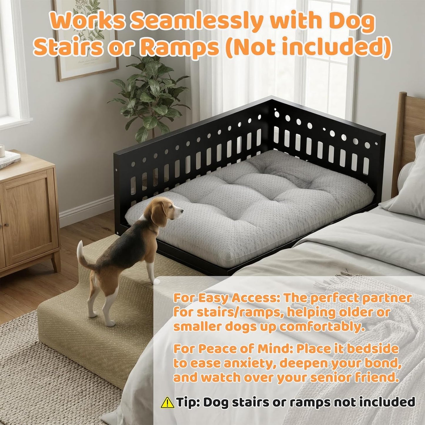 Beside Dog Bed,2 Panels Adjustable Height Dog Bunk Beds,26.8”x18.1” Metal Frame & Cushion, Converts to Bunk Bed or Bed Extension Attachment for Human Bed, for Small/Medium Dogs