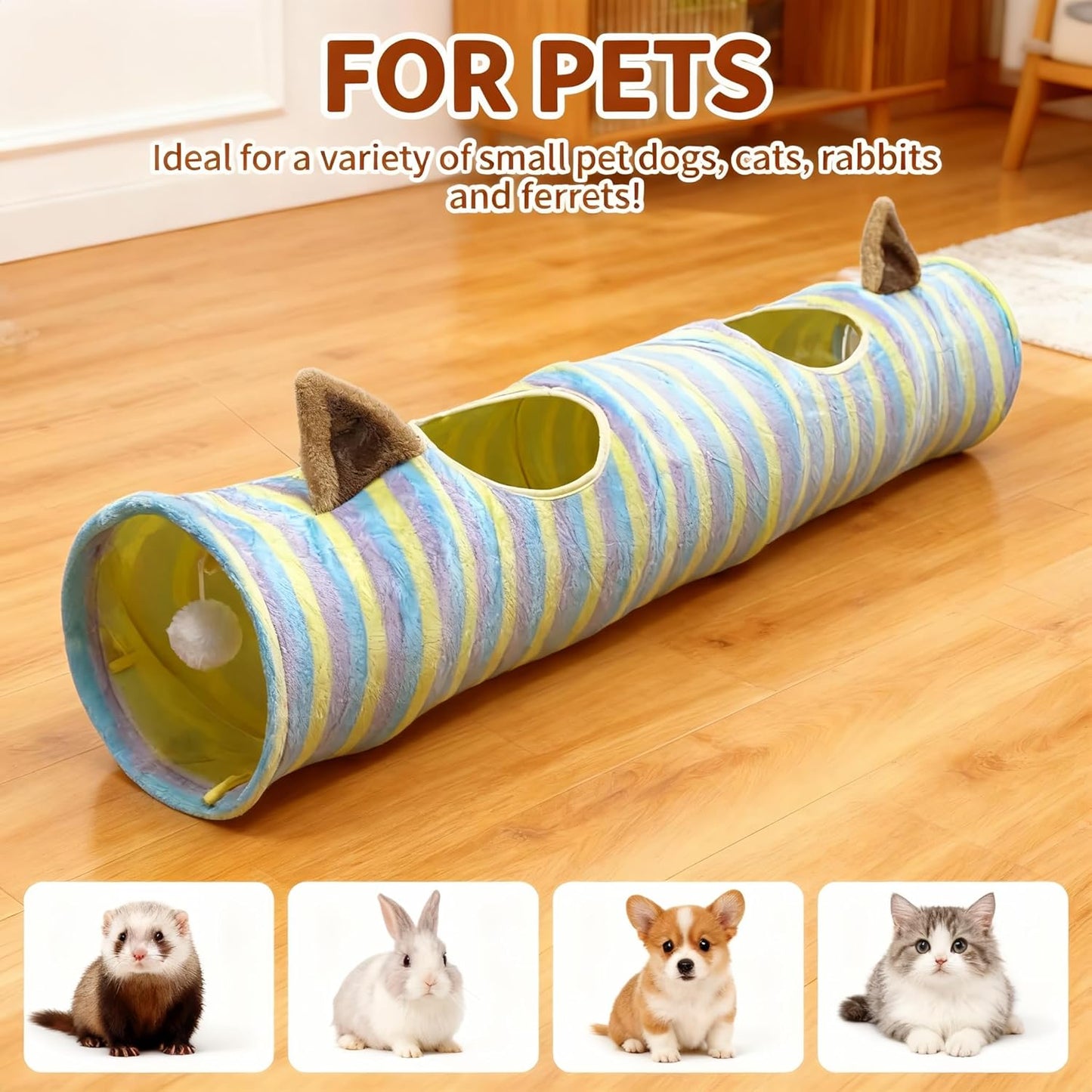 Cat Tunnel for Indoor Cats, Cute Cat Toy Tunnel for Small Large Cats, 45" Straight Cat Tunnel Toys with Balls & Crinkle Paper Ears Collapsible Peekaboo Cave for Kitten, Diameter 9.8" (Colorful Stripe)