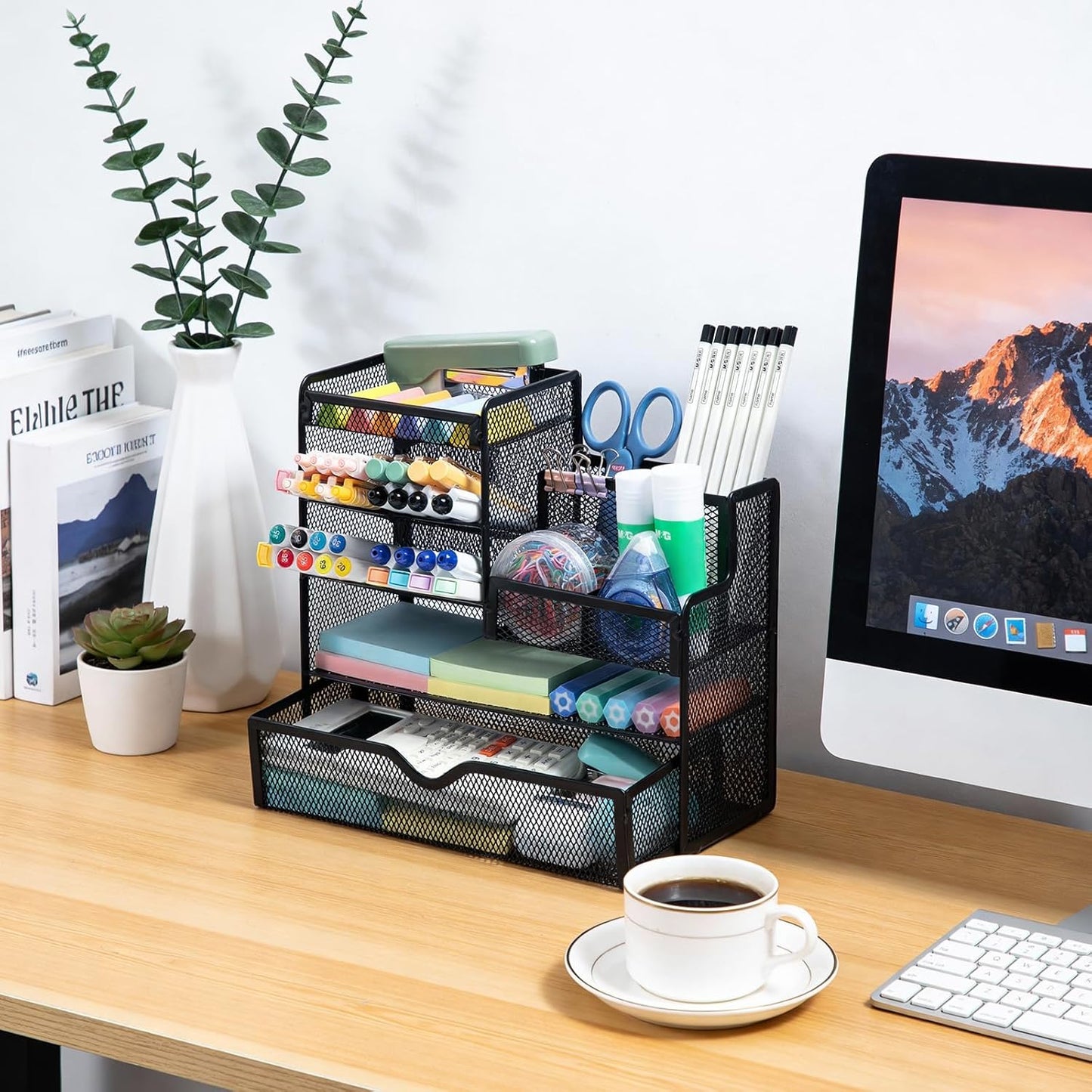 M&G Mesh Pen Holder for Desk, Multi-Functional Pencil Holder with Drawer Desk Organizer, Large Capacity Office Desk organizers and Accessories (Black)