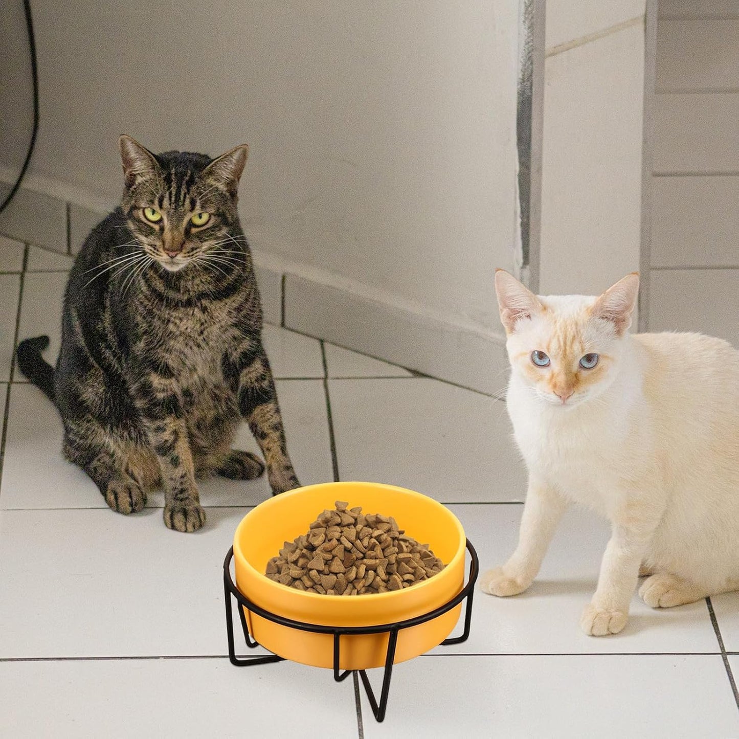 Milisten Ceramic Dog Bowl and Cat Bowl with Raised Black Iron Stand 14cm Protective Spine for Food and Water Yellow Pet Feeding Dish for Dogs and Cats