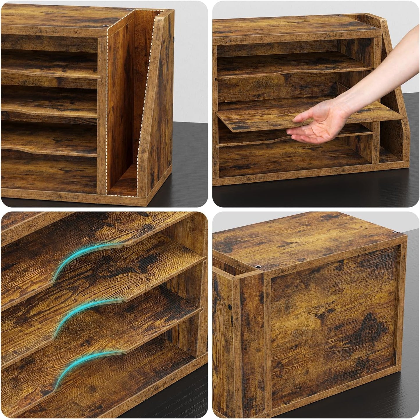Mail Sorter, File Organizer Desktop, Wood Desk Organizer with 3 Adjustable Shelves, Mail Holder for Office, Home, Letter Sorter File Holders for Envelopes, Supplies Magazines, Rustic Brown