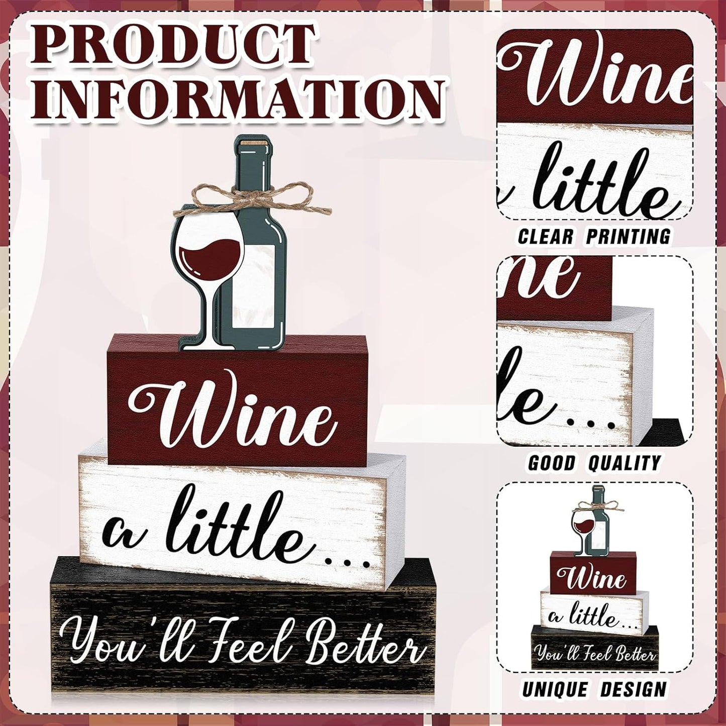 Marsui 4 Pcs Wine Tabletop Decor Rustic Coffee Bar Tiered Tray Decor Decorative Wood Wine Bottle Block Sign Gift Wooden Farmhouse Table Centerpiece for Home Party Shelf Desk Decoration