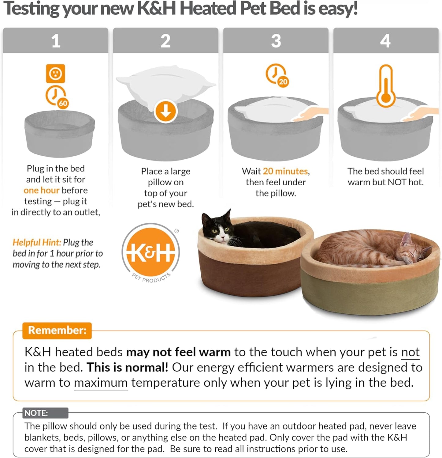 K&H Pet Products Thermo-Kitty 실내 고양이 및 개를 위한 온열 고양이 침대, 진정 보온 베개 반려동물 침대, 세탁기 사용 가능, 탈착식 히터, 안전 등록 - 스몰 40.6cm(16인치) 원형 모카/탠