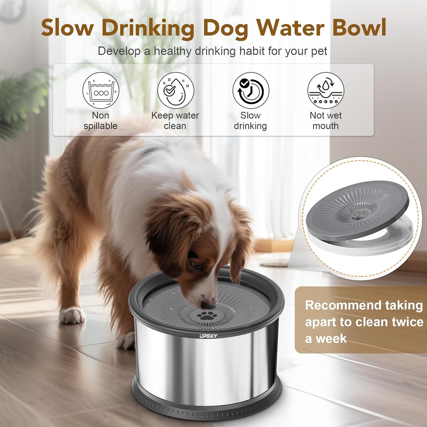 UPSKY 4.5L Dog Water Bowl,Large Capacity No Spill Dog Water Bowl,Stainless Steel Spill Proof Slow Water Feeder,No Splash Water Bowl with Anti-Slip Mat for Messy Drinkers Grey, B.4.5L