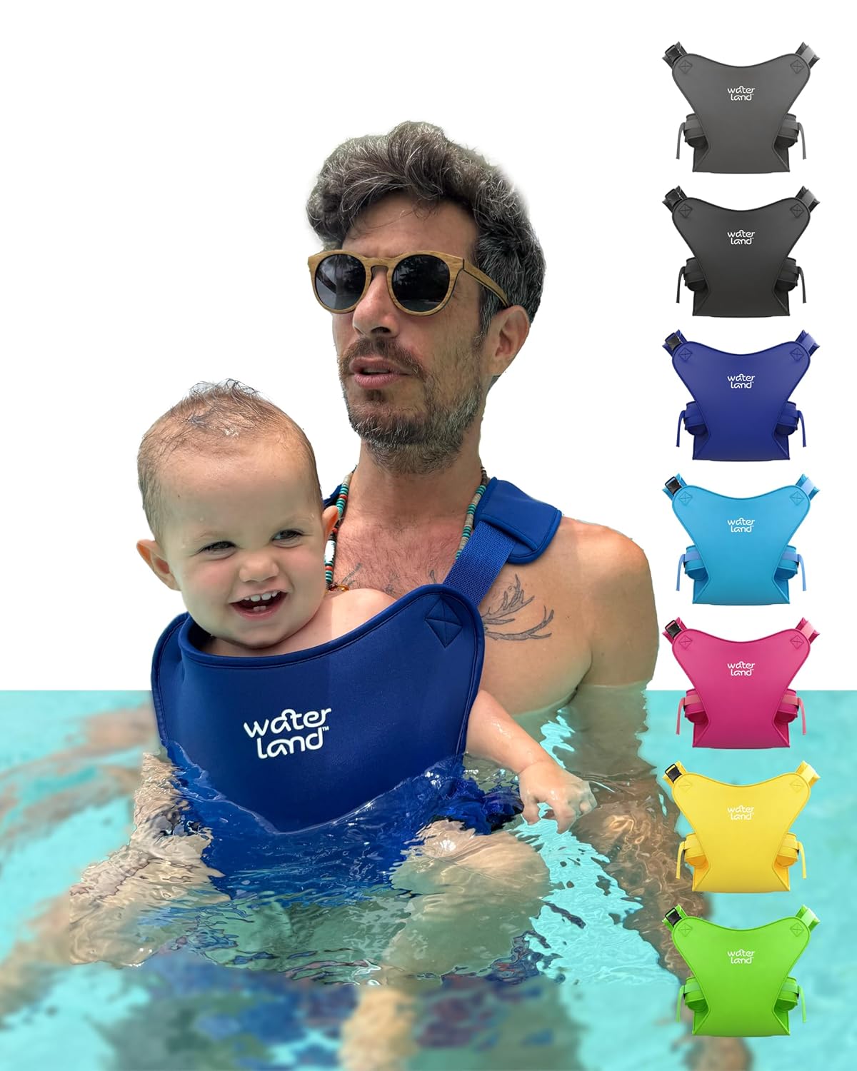 WaterLand Baby Carrier - Innovative Carrier You Can Use Both in Water & Land - Waterproof Infant Chest Holder with Adjustable Straps, Lightweight Toddler Harness for Pool & Beach (IBlue)