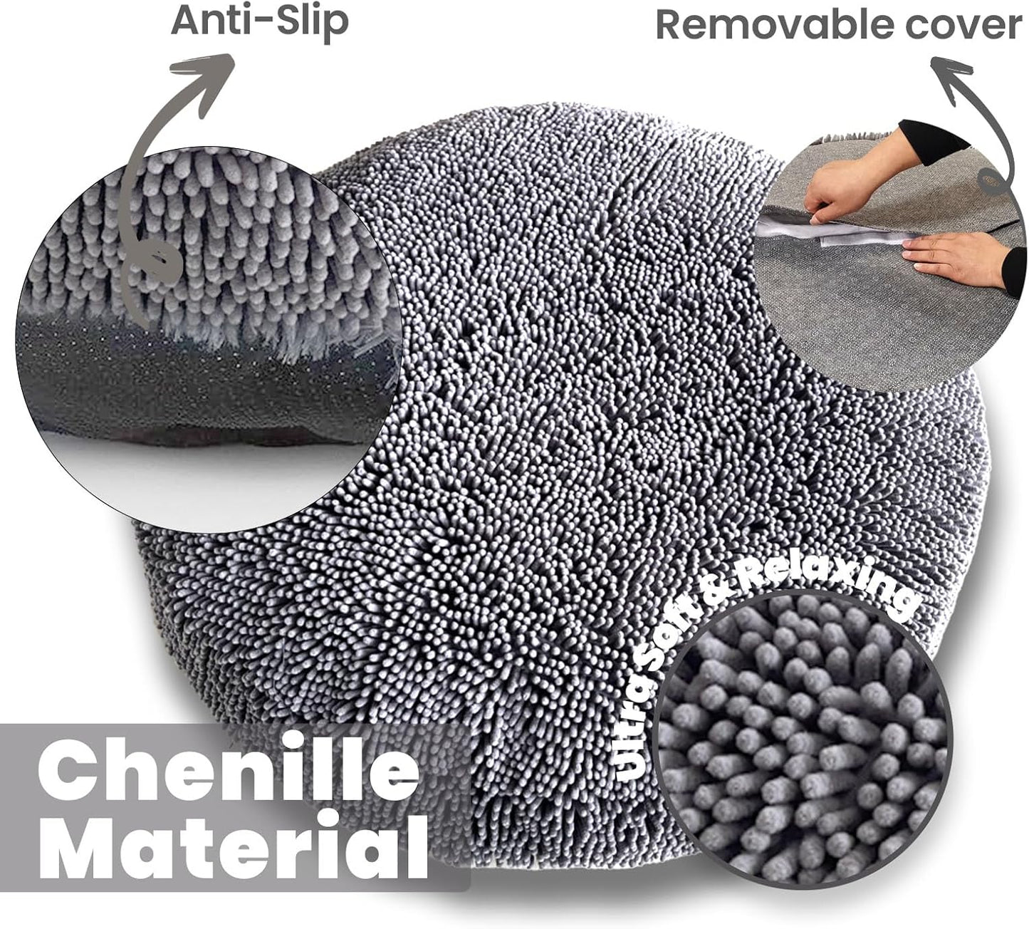 Muddy Mat®Cloud K-9 Bed for Dogs & Cats, Soft & Relaxing Round Dog Bed, Chenille Material, Removable Cover, Washable & Dryer Safe–Grey Medium(35'x35')