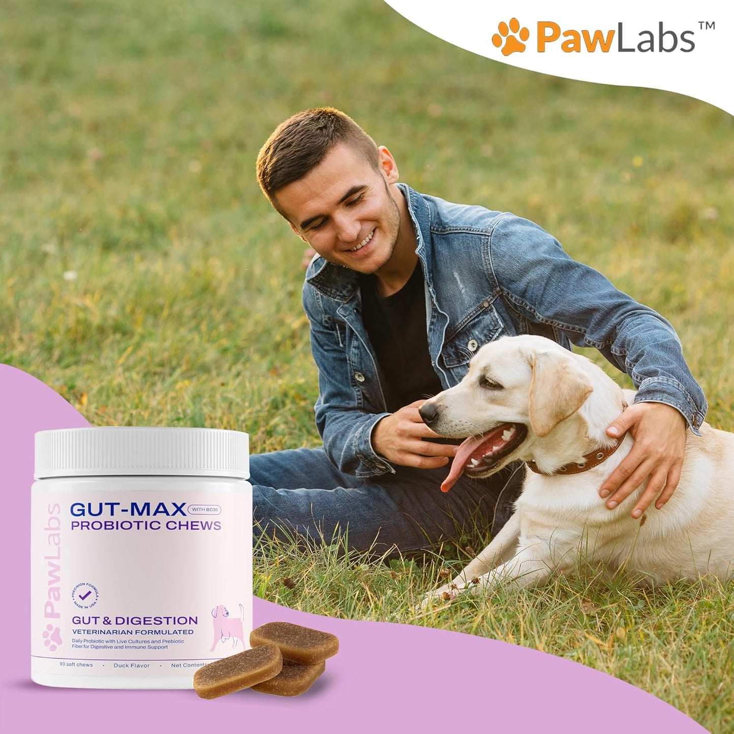PAWLABS Gut Max Probiotic Chews - Natural, Vet Formulated Digestive & Immune Support - Relieves Diarrhea, Constipation - with Patented BC30™ Bacillus Coagulans - Duck Flavor - 90 Soft Chews