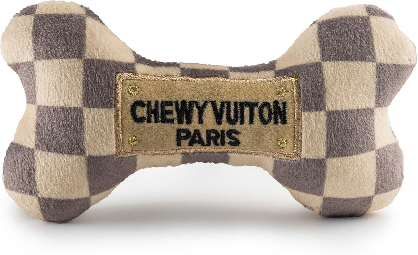 Haute Diggity Dog Checker Chewy Vuiton Bone, Plush Designer Dog Toys with Interactive Squeaker, Stimulating Pet Enrichment, Machine-Washable & Safe Materials for All Breeds, Size Large