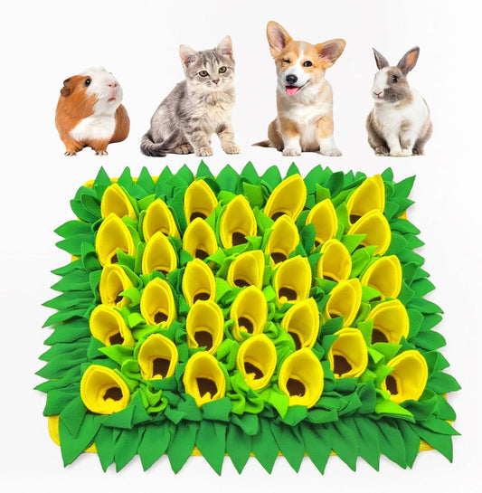 Snuffle Mat for Dogs, Cats, Rabbits, Guinea Pigs, Durable Washable Pet Feeding Mat, Flower & Grass Slow Feeder, Nose Work Training Pad, Anxiety Relief & Mental Stimulation(S, Yellow)