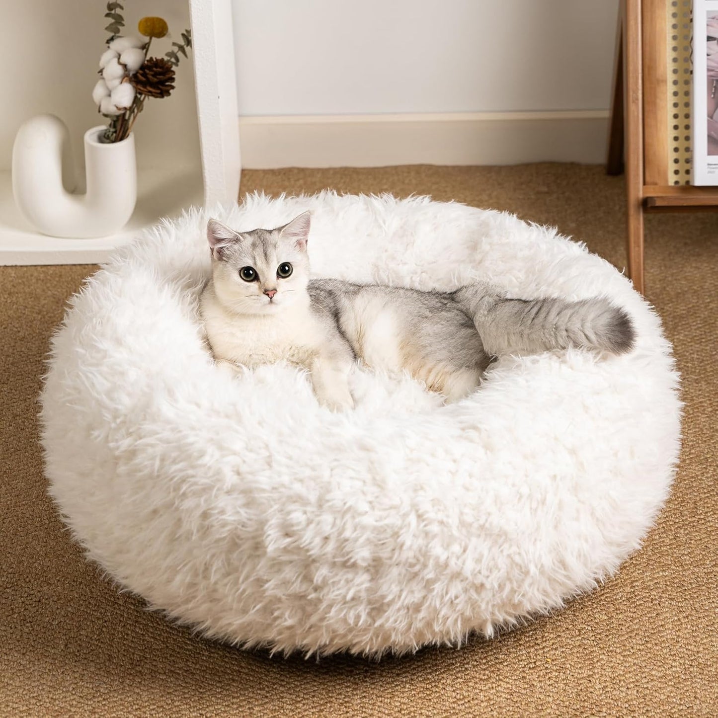 KHONSU PET Calming Donut Cat Bed for Cats & Kittens, Round Plush Cuddler with Chopped Memory Foam, Anti-Anxiety Bolster Support, Machine Washable & Non-Slip