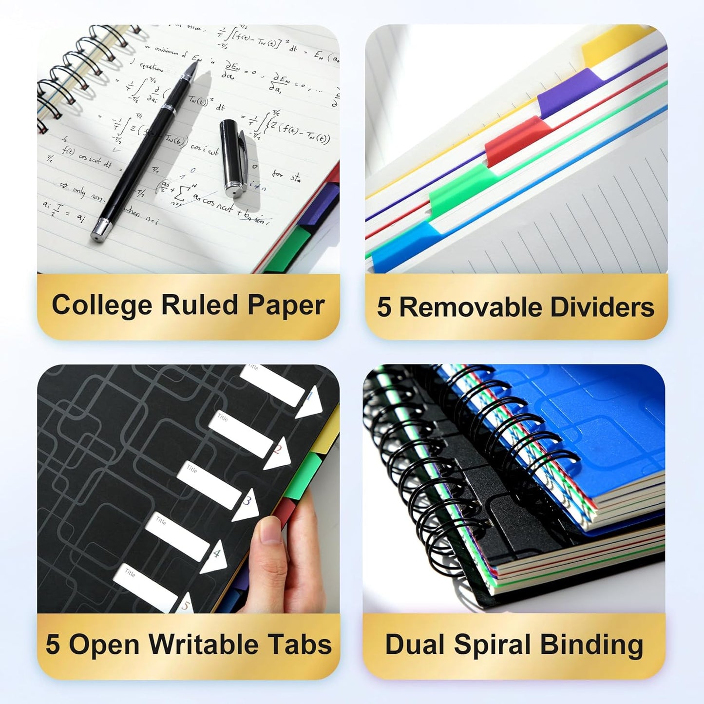 CAGIE 5 Subject Notebook for Work 240 Pages Spiral Notebooks College Ruled with Dividers Tabs A5 Small Note Book for School Office Supplies Note Taking, 5x7, Black