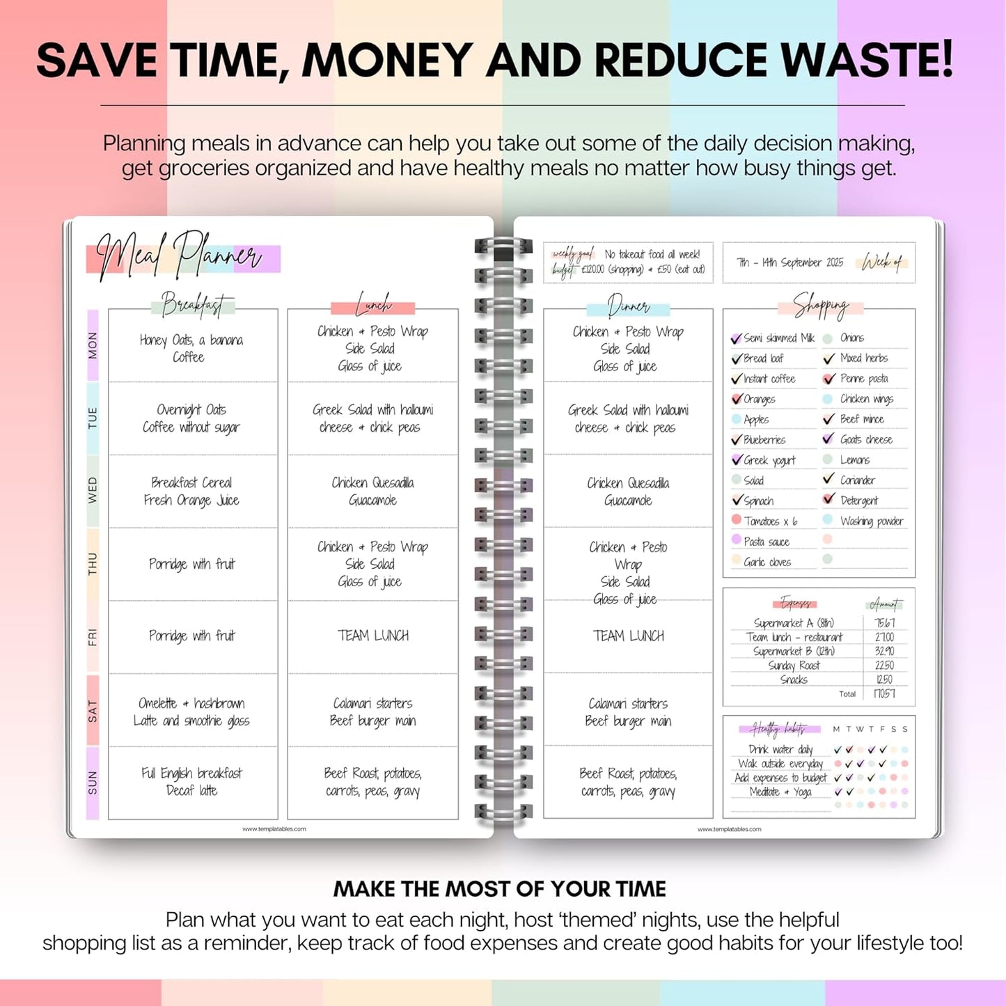 Meal Plan | Weekly Meal Planner & Food Diary, Food Journal for Tracking Meals & Shopping, Grocery List, Meal Prep Planner, A5 Rainbow