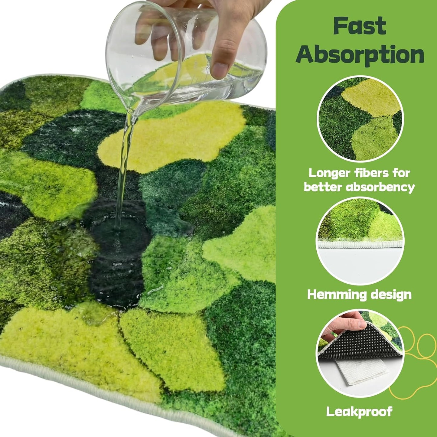 Washable Pee Pads for Dogs, 30" x 17" Faux Moss Reusable Puppy Pads for Dog Potty Training, Durable Absorbent Leakproof Dog Grass Pad for Crate Couch Car Seat Pet Bed Home Indoor Use
